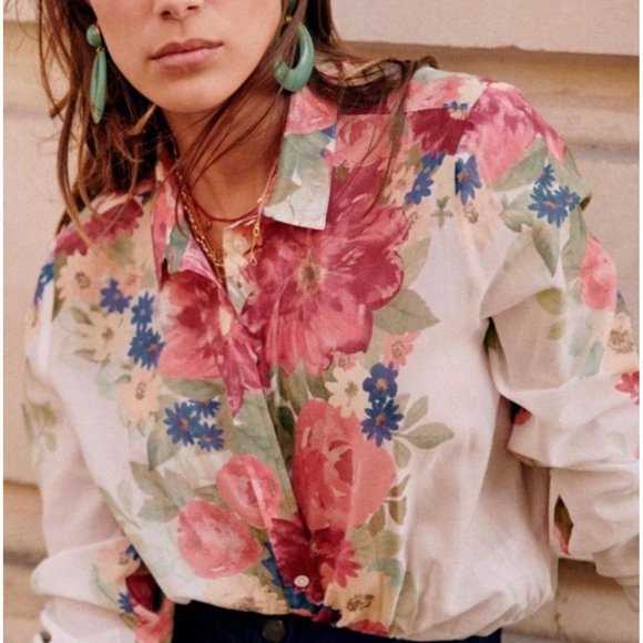 Sezane Tops - NWT SEZANE PIERRO SHIRT PINK CREATION multicolor floral cotton SILK SZ38 us6 bus